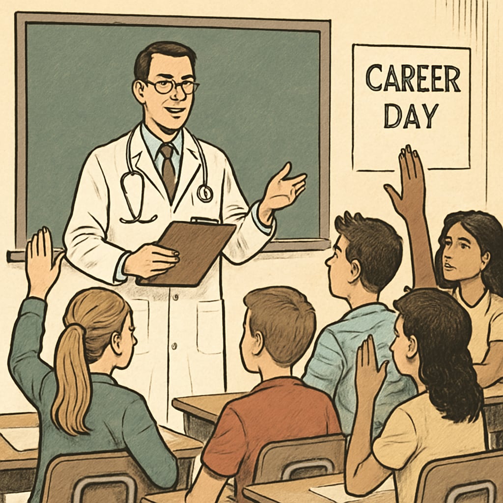 A group of high school students engaging in a Q&A session with a doctor during a career event. High school students in a classroom asking questions about medical careers to a doctor.
