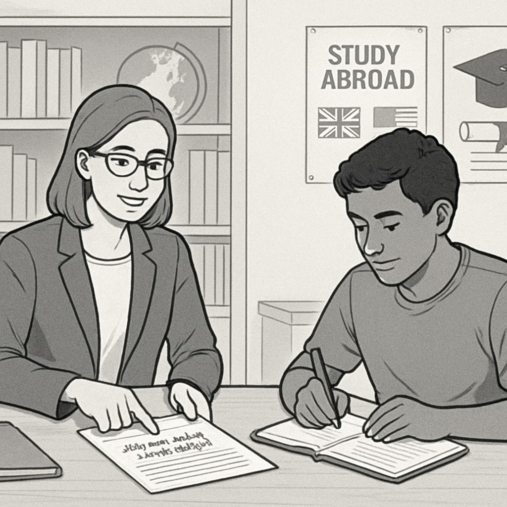 A professional study abroad counselor helping a student review their master's program application, emphasizing the importance of personalized guidance. Study abroad counselor assisting a student with their U.S. master's application.