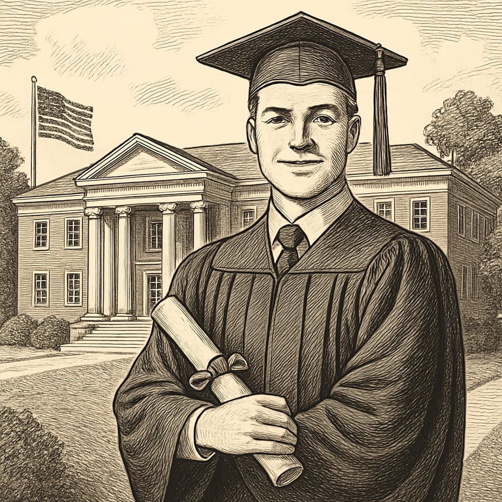 Graduate with diploma standing in front of a U.S. university campus.