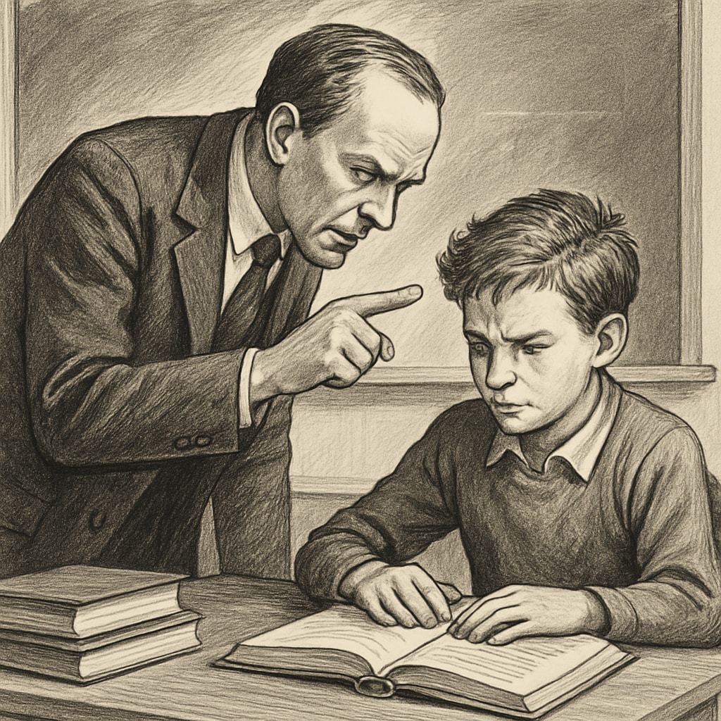 A scene showing a teacher and student in an intense teaching moment, symbolizing the tension in strict education methods. A teacher pushing a student to their limits in a classroom, reflecting strict teaching methods.