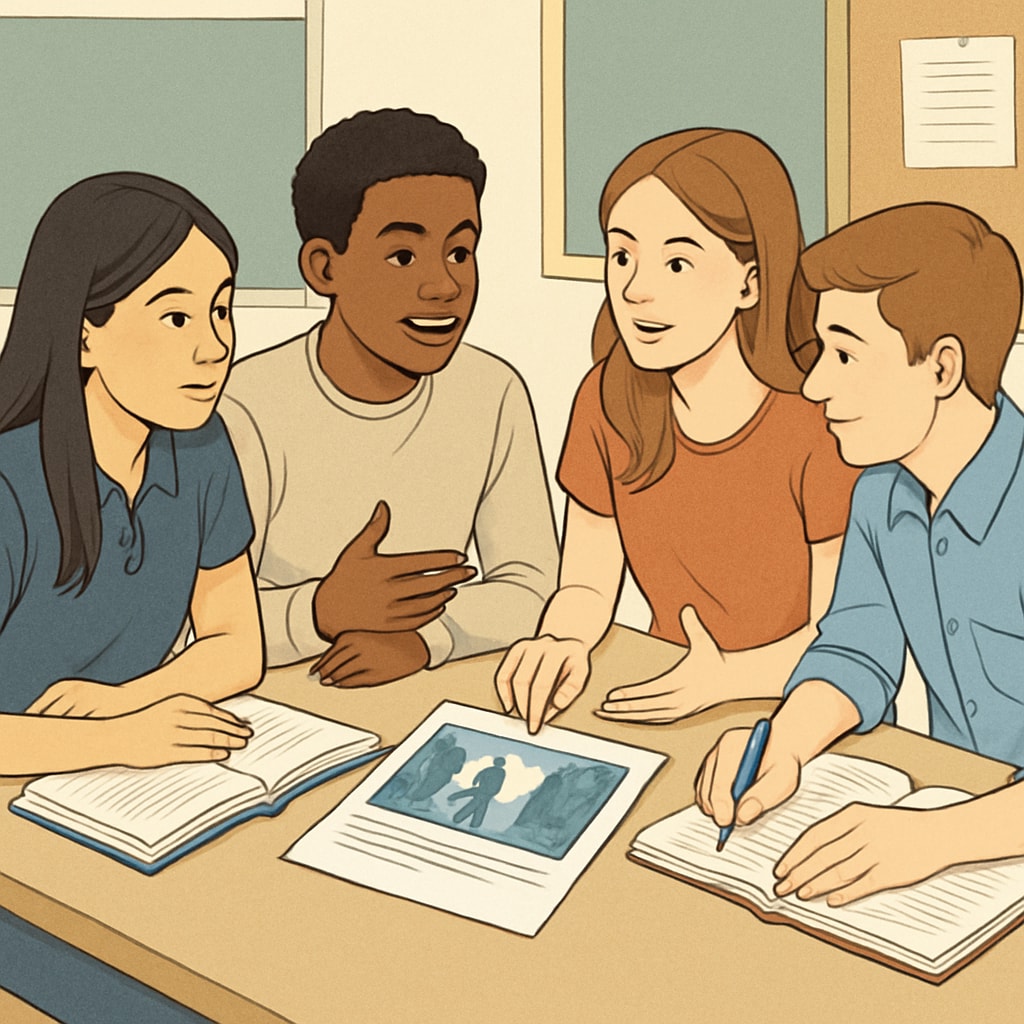 High school students working collaboratively on media literacy activities, discussing visual storytelling techniques. High school students discussing AI writing prompts and visual storytelling techniques.