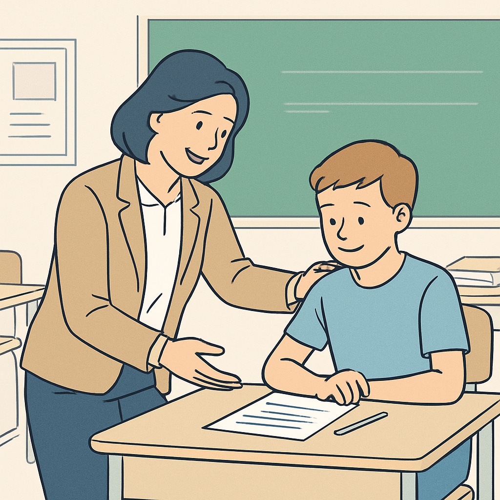 A classroom setting where a teacher offers supportive feedback to a student, demonstrating care and encouragement. A teacher providing constructive feedback to a student, showcasing a balanced teaching approach.