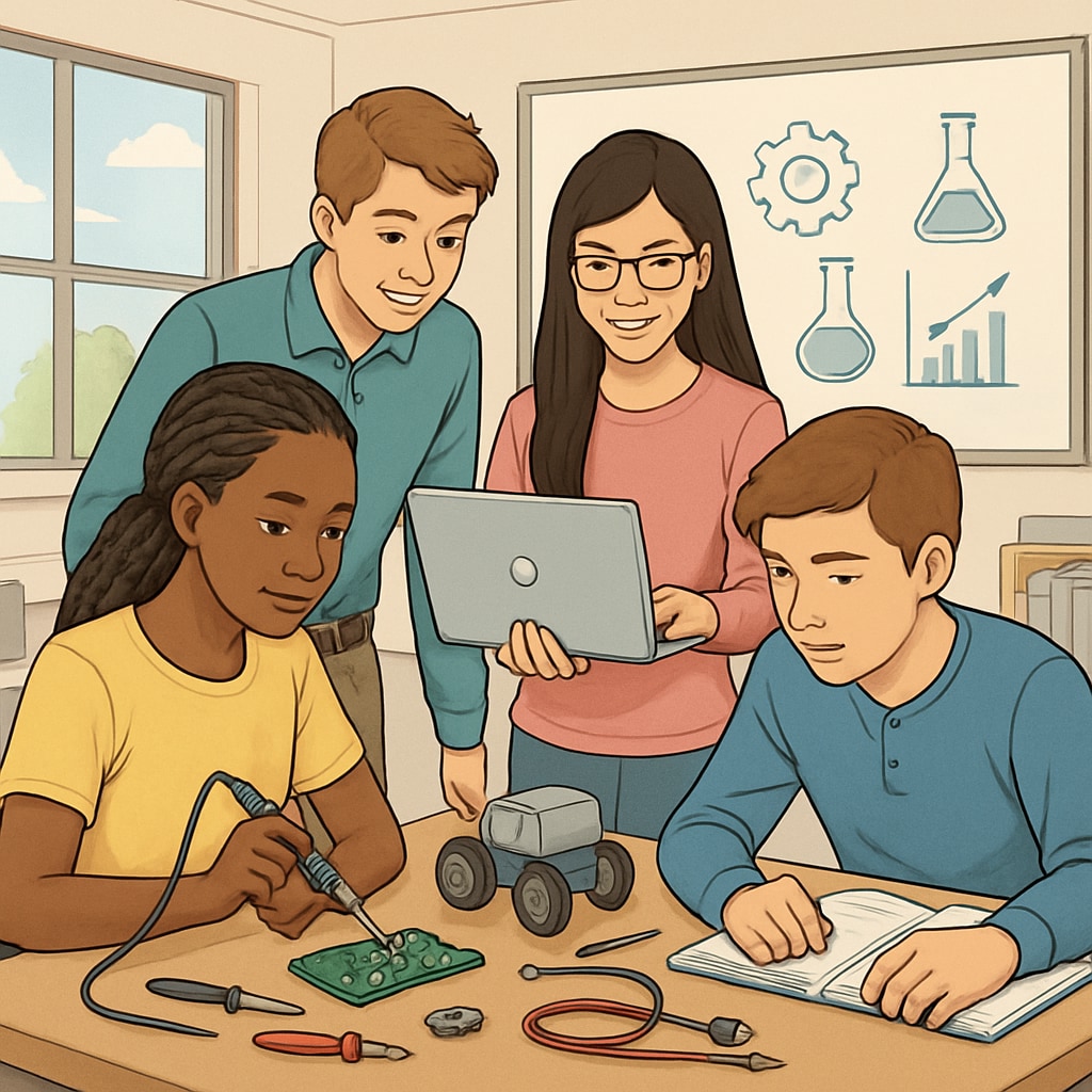 Students working collaboratively on a STEM and CTE project in a modern classroom. Students collaborating on a STEM and Career and Technical Education project.