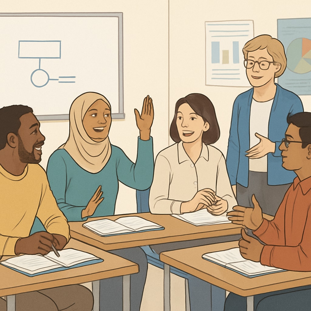 A diverse group of adult learners engaging in a classroom discussion, representing cultural inclusivity in education. Adult learners in a classroom, discussing and collaborating, highlighting cultural adaptation.