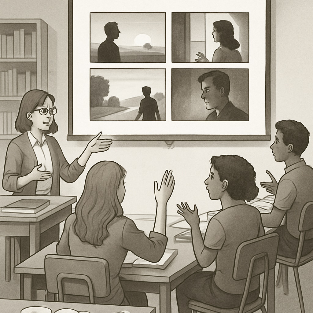 A classroom setting where students are analyzing film stills and discussing visual storytelling techniques. Students analyzing film stills to enhance media literacy and storytelling skills.