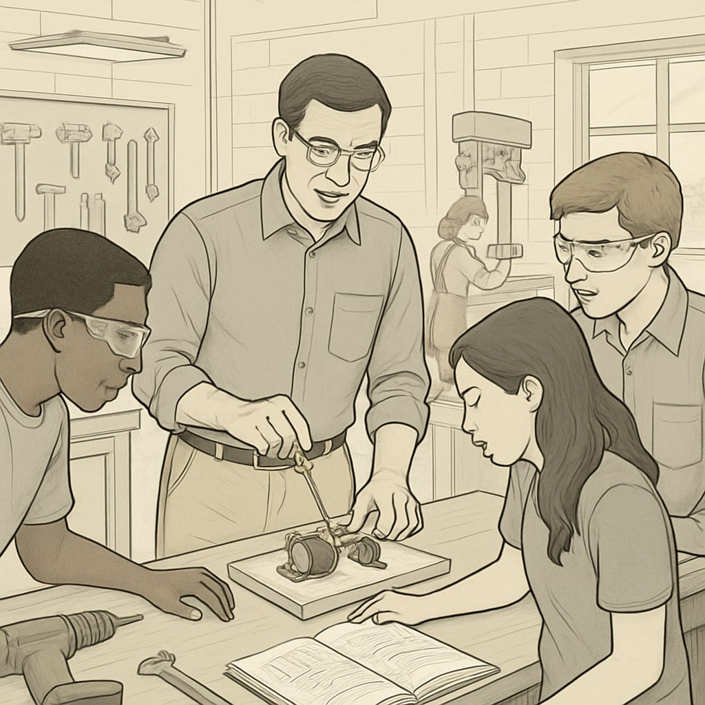 A teacher guiding students through a hands-on Career and Technical Education project in a workshop environment. Teacher helping students in a Career and Technical Education workshop project.