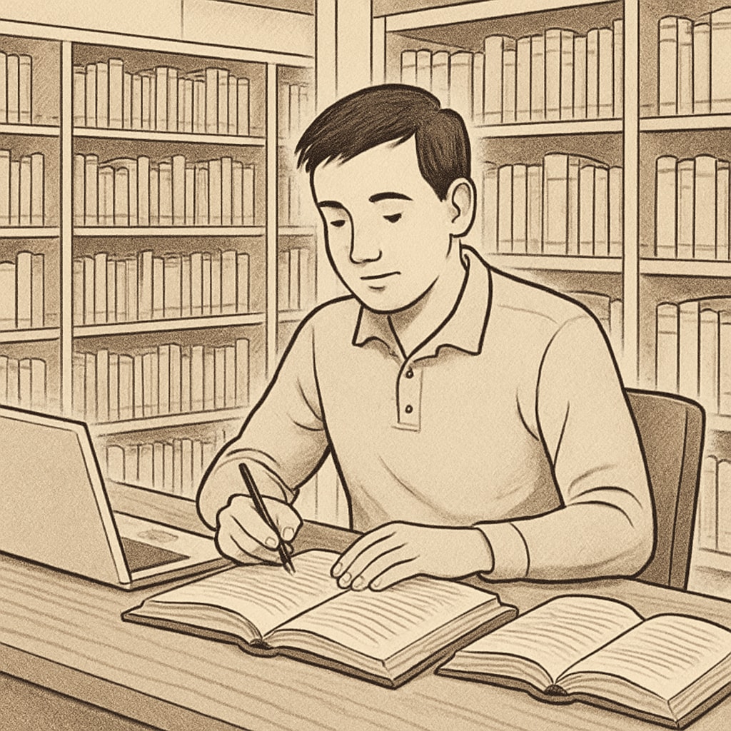 An adult student studying in a library, surrounded by books and a laptop, symbolizing access to learning resources. An adult learner studying in a library with books and a laptop, emphasizing knowledge-building.