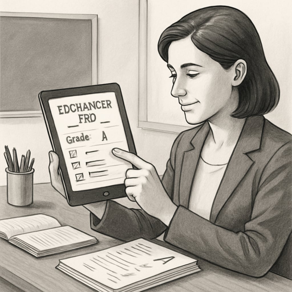 A teacher uses EdChanger Pro on a tablet while grading assignments, showcasing its efficiency in reducing workload. Teacher using EdChanger Pro to streamline grading workflow