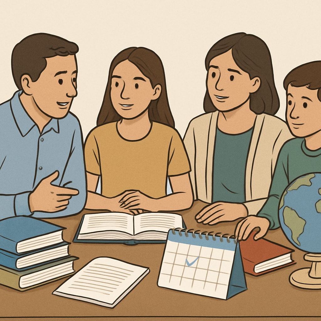 A family discussing educational goals and timelines for study abroad plans. Family discussing study abroad plans for U.S. master's applications.