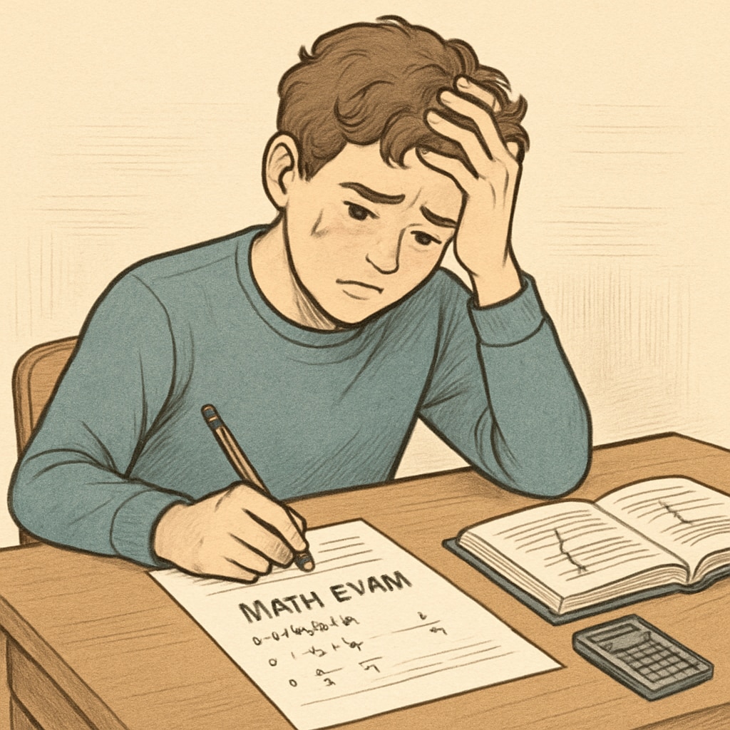 A student sitting at a desk, looking stressed while solving a math exam. A student experiencing math anxiety and exam pressure while solving multiple-choice questions.