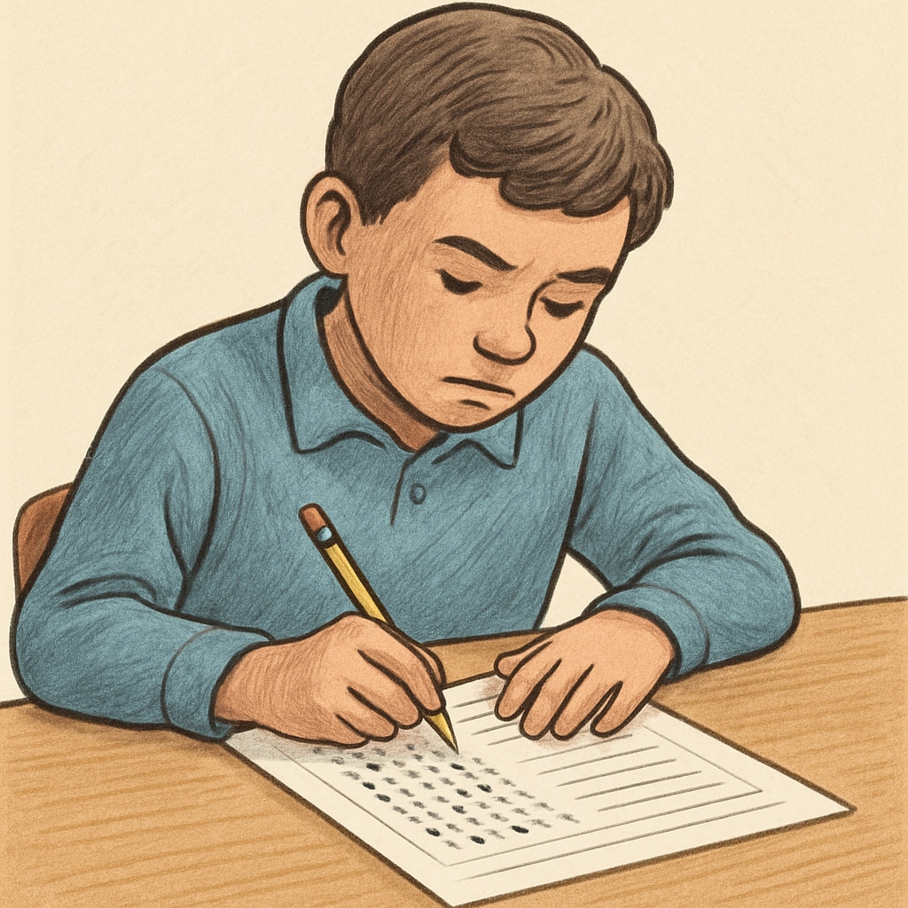 A student taking a standardized test, focusing on the test sheet and pencil. A student taking a standardized test, relevant to gifted children assessment.