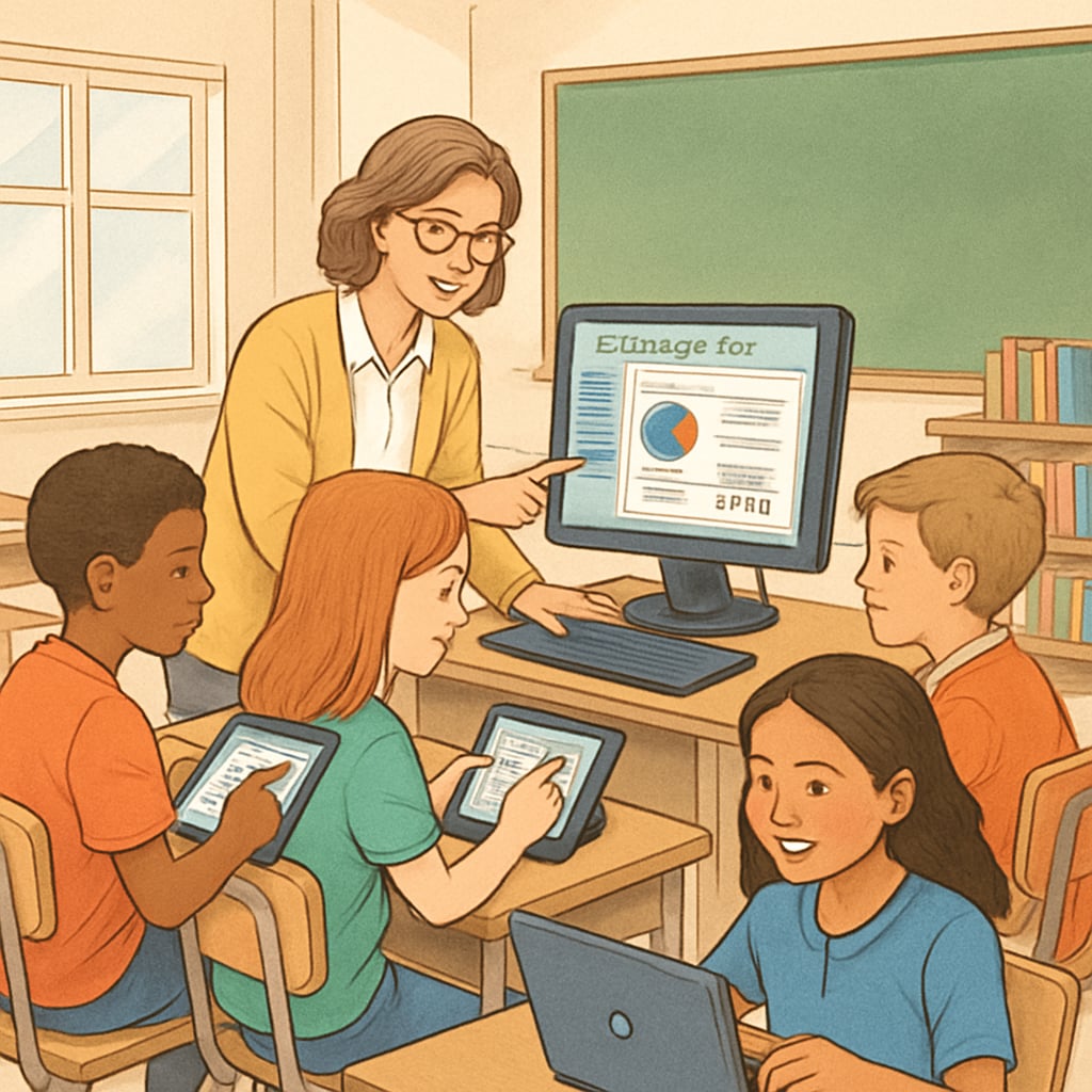 Students in a classroom interact with digital tools, guided by their teacher using EdChanger Pro on a desktop computer. Classroom leveraging EdChanger Pro for enhanced teaching efficiency