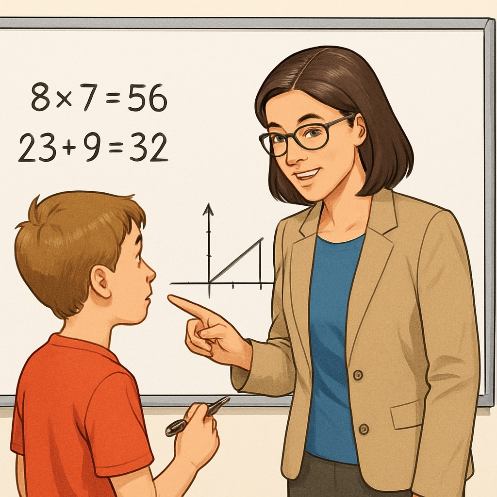 A teacher helping a student understand math problems on a whiteboard. A teacher guiding a student to overcome math anxiety and improve math skills.