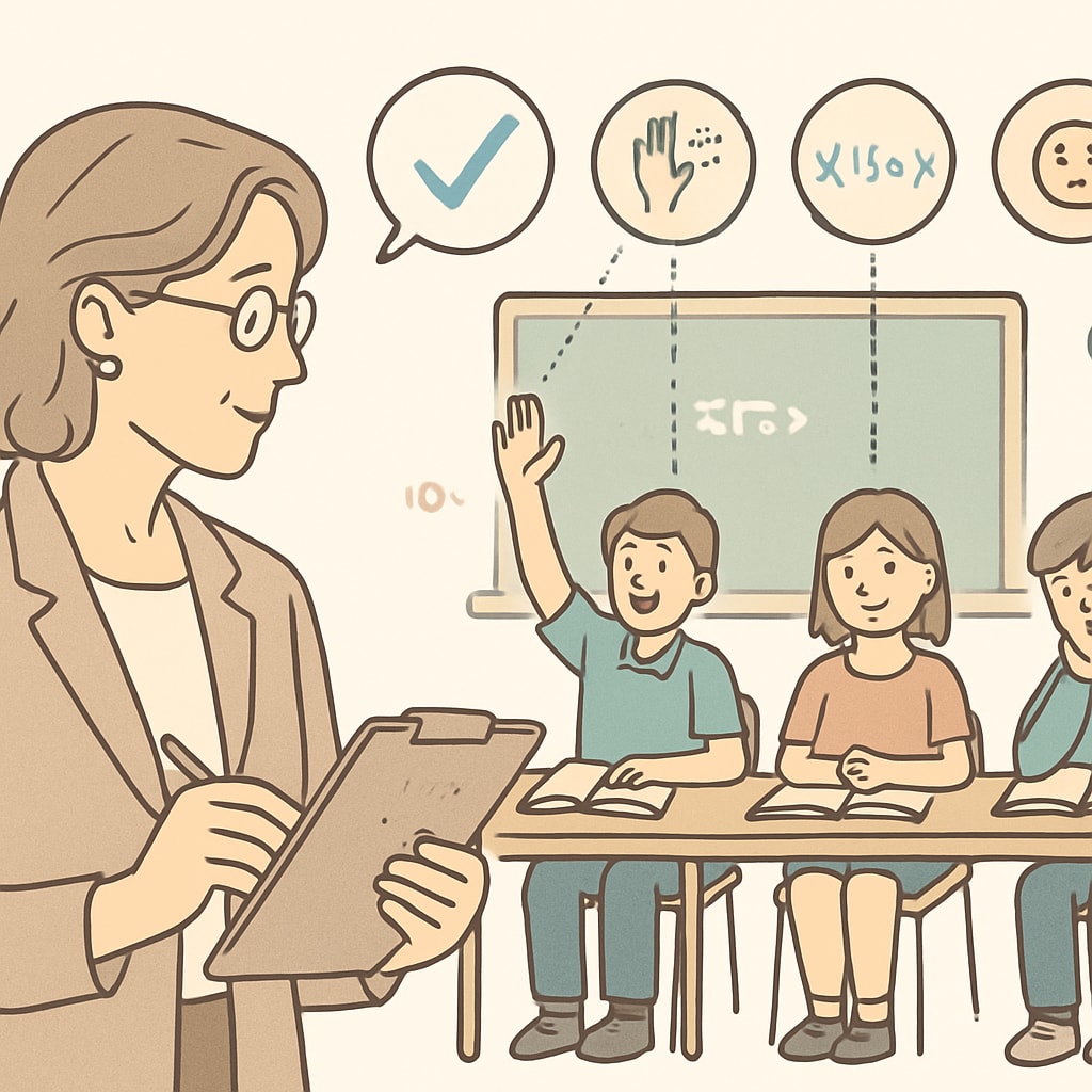 A teacher observing students in a classroom setting, taking notes on their behavior and participation. A teacher observing students for a holistic gifted children evaluation.