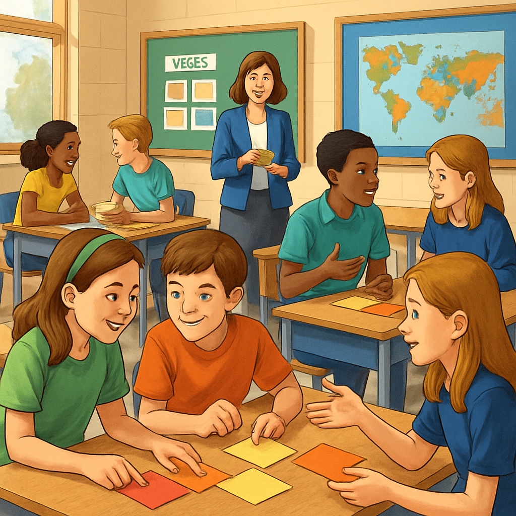A classroom setting where students collaborate on Zoom/ReZoom activities, featuring colorful images and active discussions. Students participating in Zoom/ReZoom activities with vibrant teaching materials.