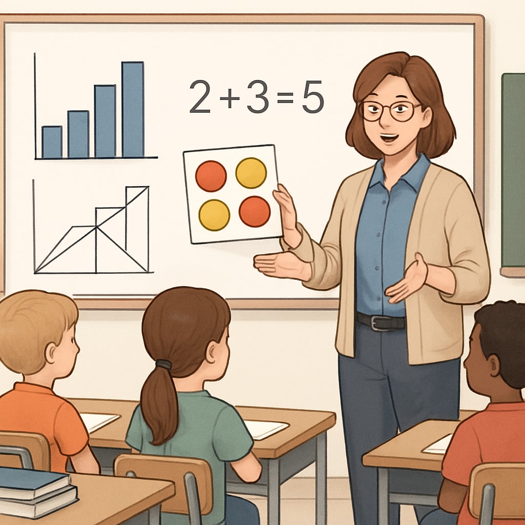 A teacher explaining a math concept to young students using visual aids in a classroom setting. Teacher explaining math to students, inspiring math learning motivation.