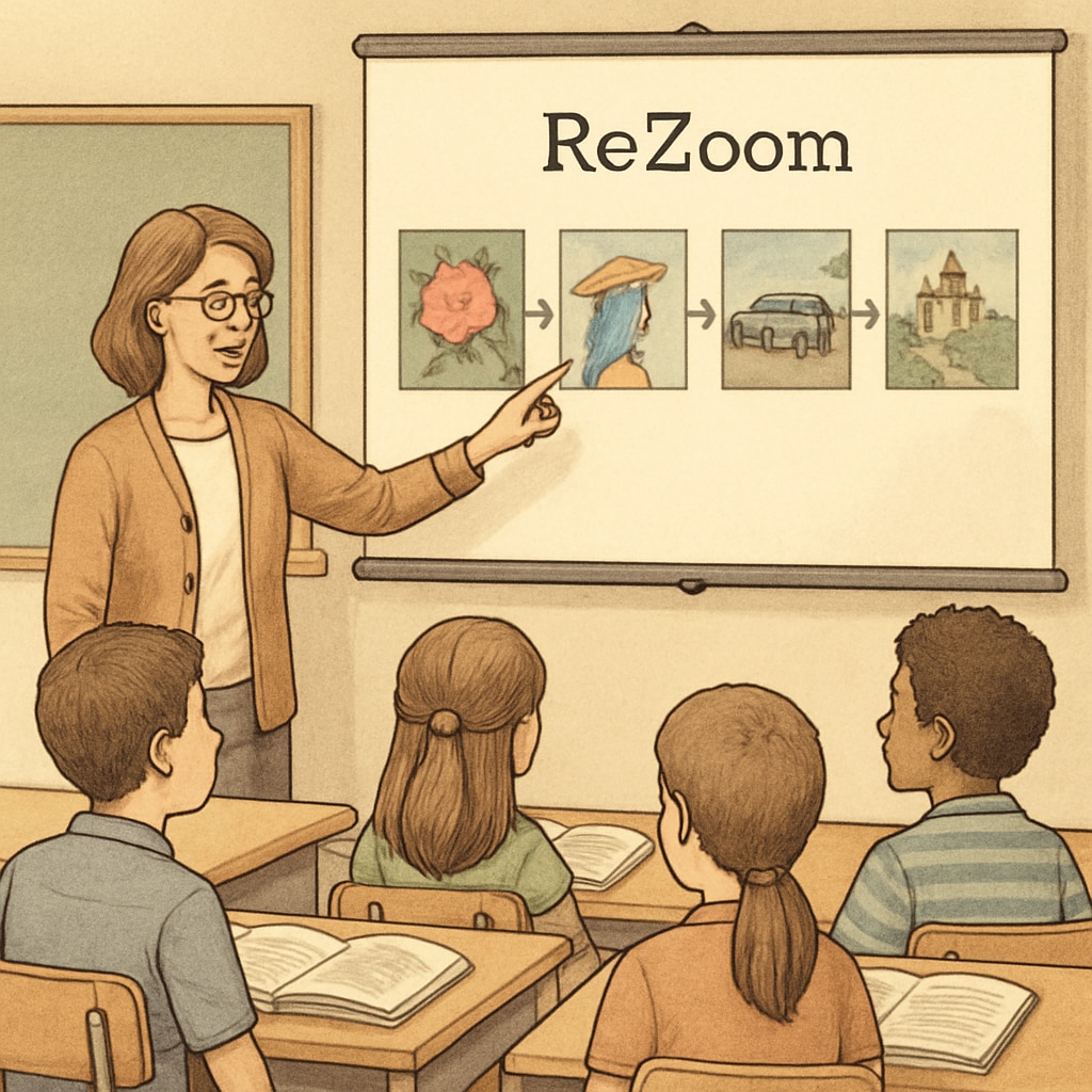 A teacher guiding students during a ReZoom activity with a projector displaying the sequence images. Educator facilitating ReZoom activity with projected sequence visuals.