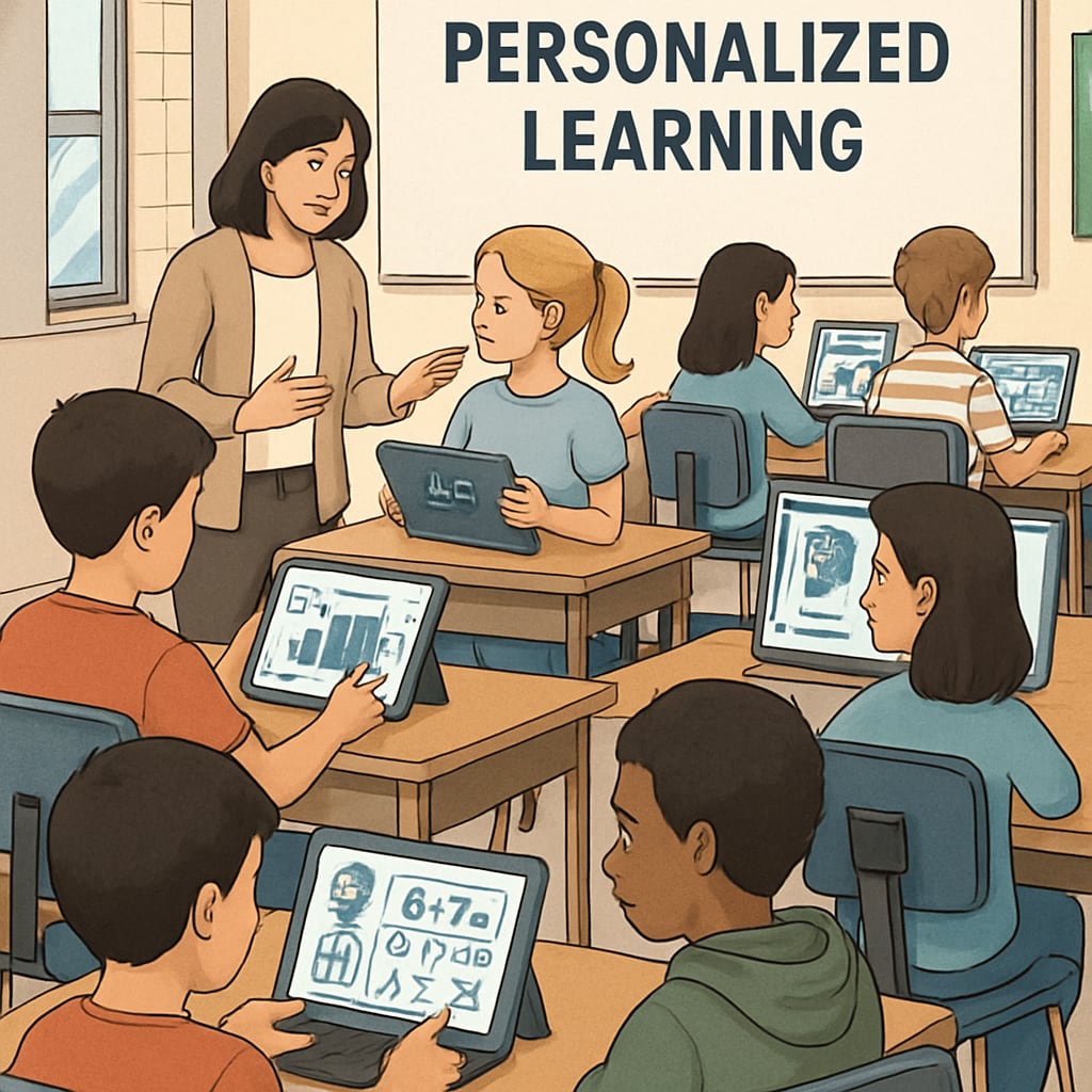 Students interacting with AI-powered adaptive learning platforms in a classroom.
