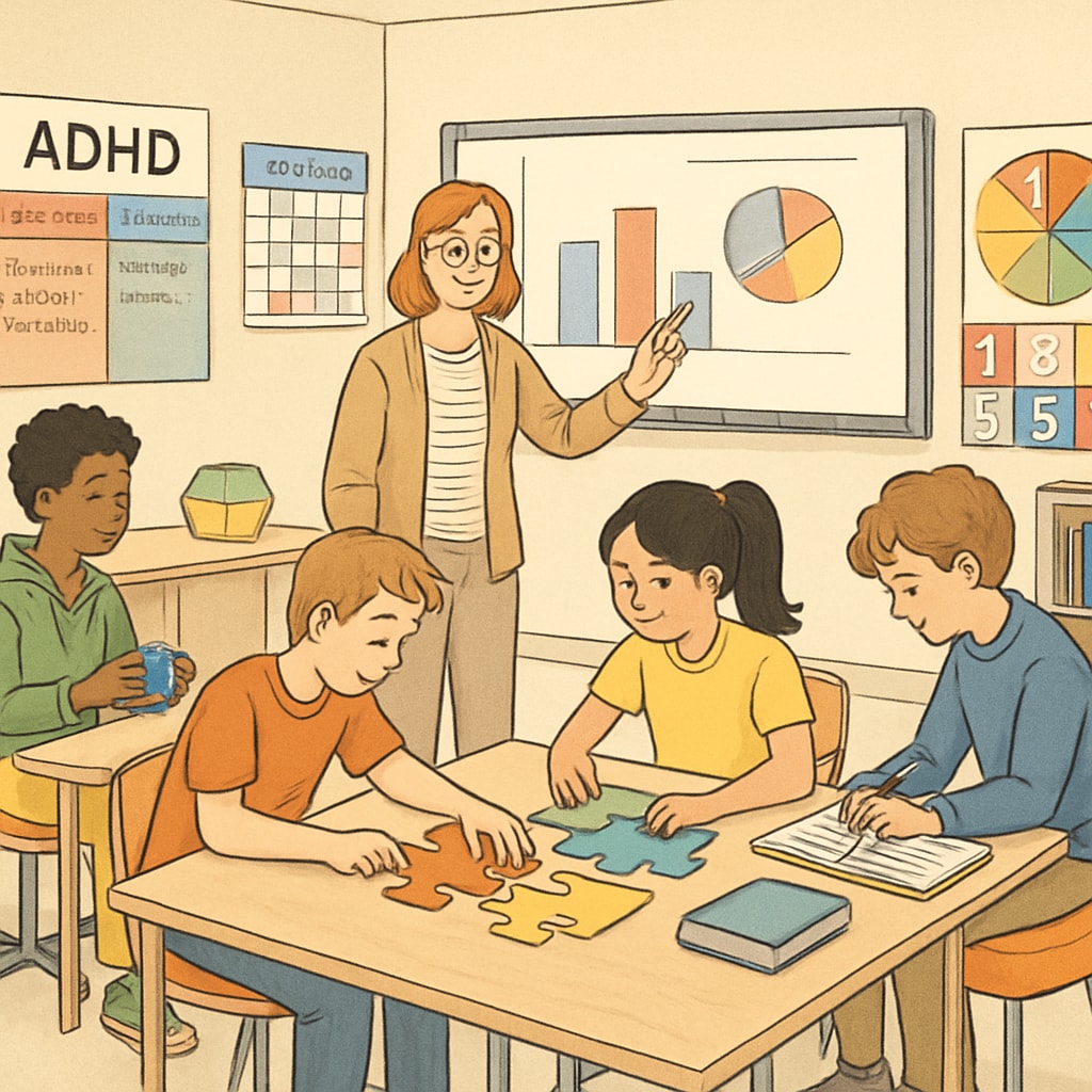 A supportive high school classroom environment designed for students with ADHD, showing diverse learning tools and inclusive teaching methods. High school classroom environment for ADHD students with diverse learning tools.