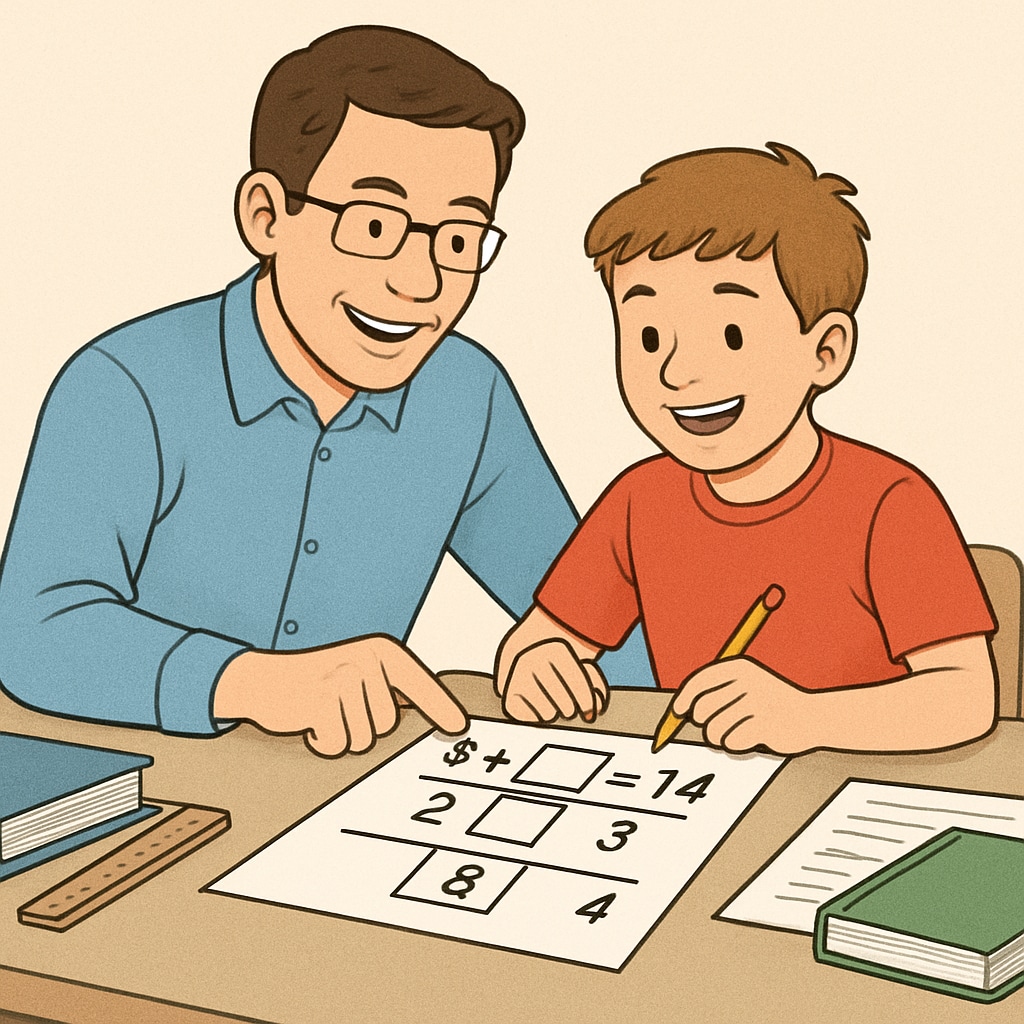 A parent and child solving a math puzzle together with smiles and enthusiasm, illustrating educational communication. Parent and child solving a math puzzle, learning math through fun activities.
