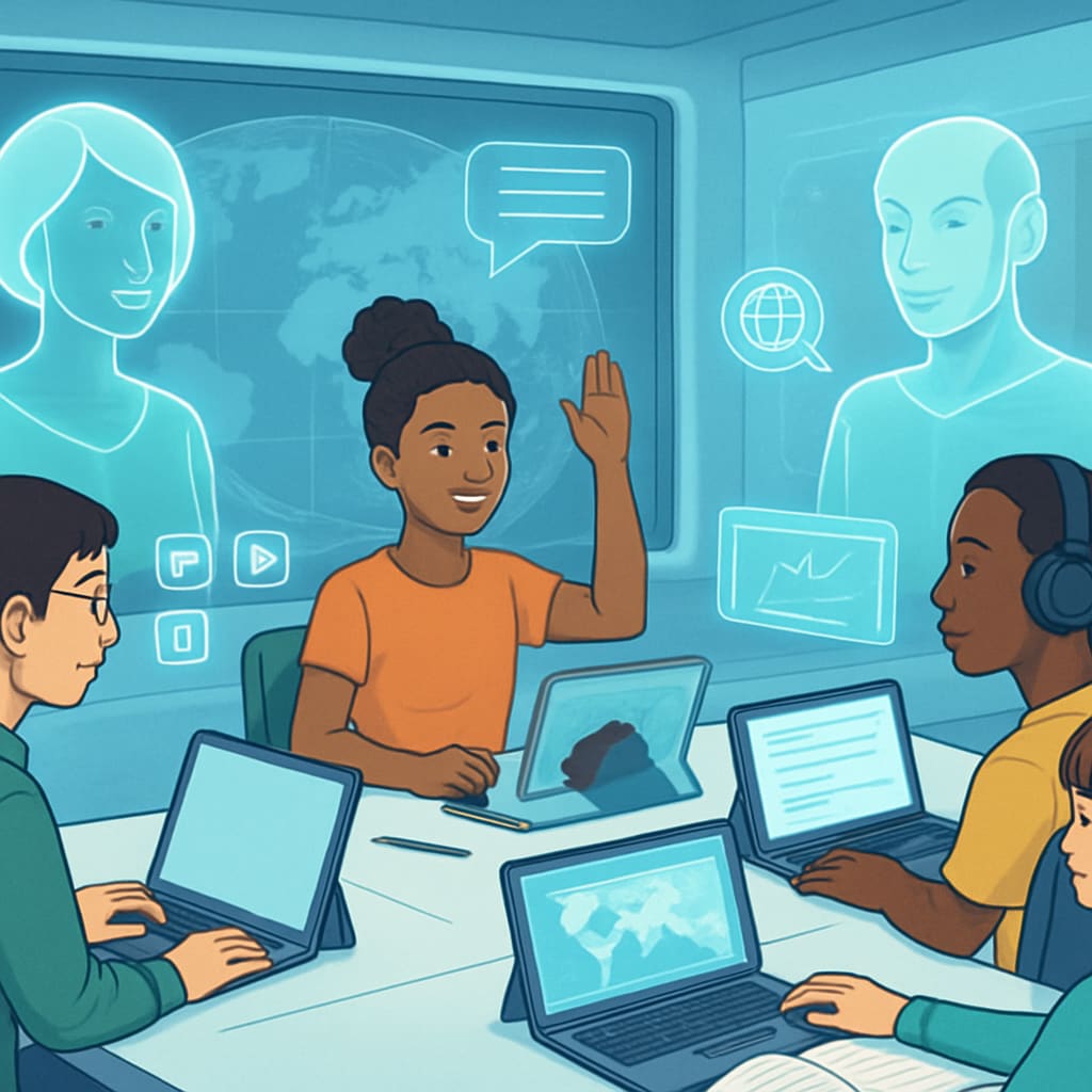 Virtual classroom with AI tutors assisting students worldwide.