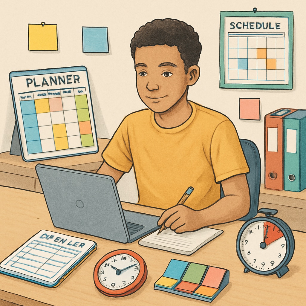 A student studying for high school credit recovery with a laptop and ADHD-friendly tools like timers and colorful planners. Student using ADHD-friendly tools to recover high school credits.
