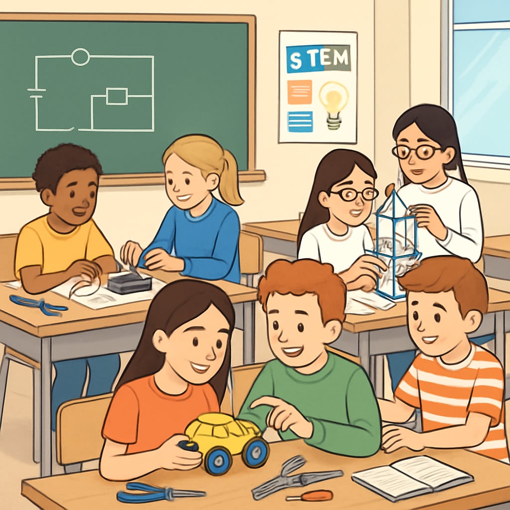 A classroom setting where students are engaged in hands-on STEM activities, emphasizing collaboration and problem-solving. Students collaboratively working on STEM projects as part of engineering design thinking lessons.
