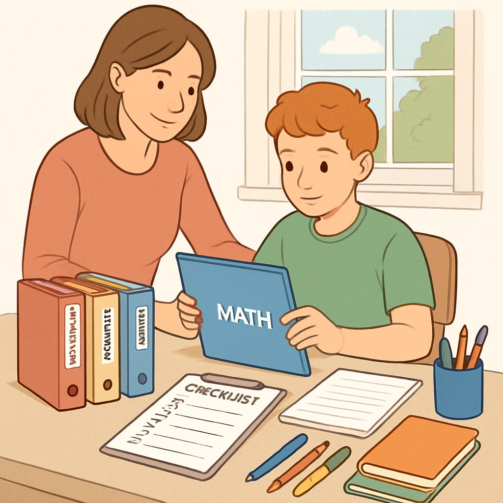 A parent assisting their child with ADHD in organizing school materials, emphasizing executive function strategies like task planning and prioritization. Parent helping ADHD child organize school materials with executive function tools.