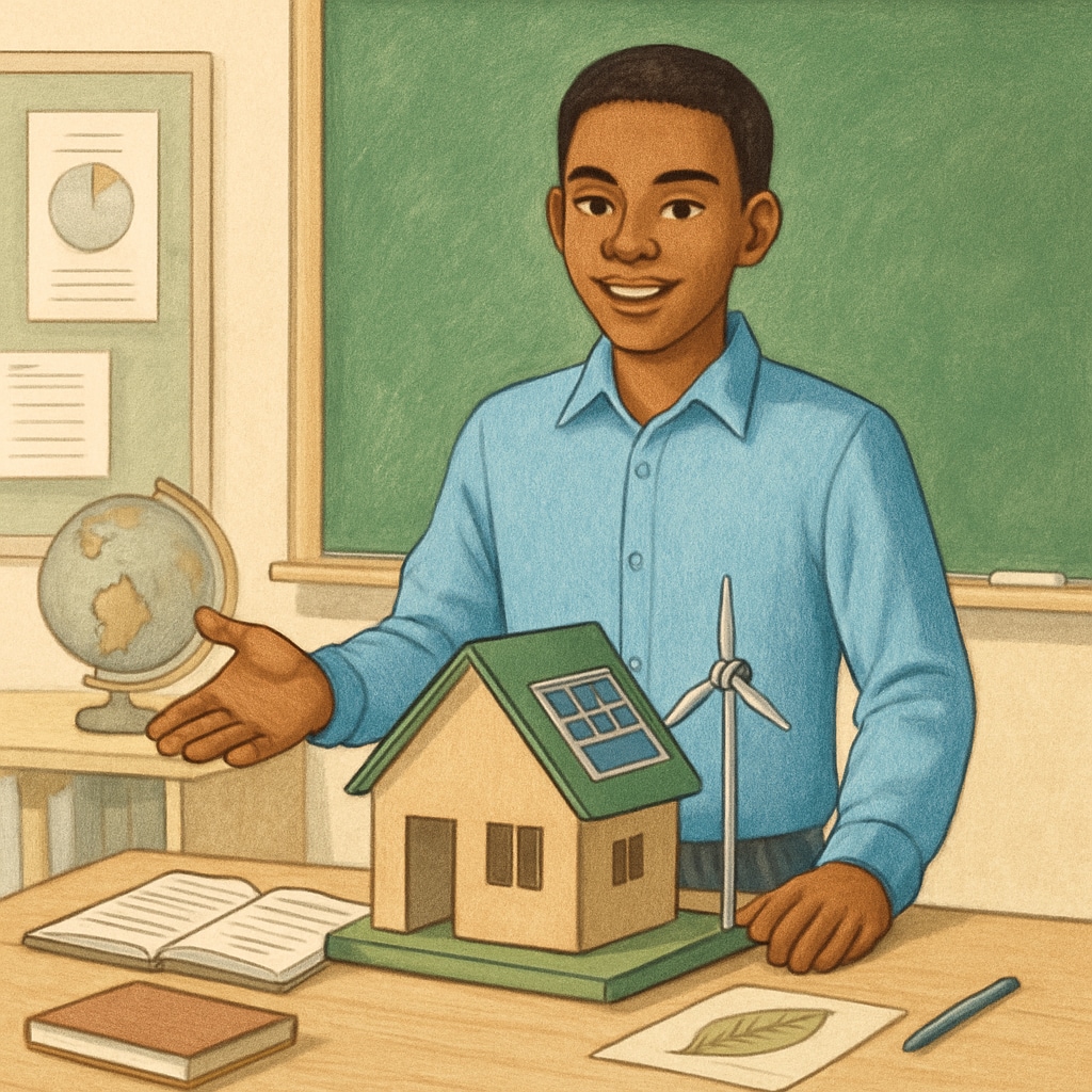 A student presenting a prototype of a sustainable design project in a classroom setting. A student showcasing a sustainable design project prototype during a classroom collaboration session.