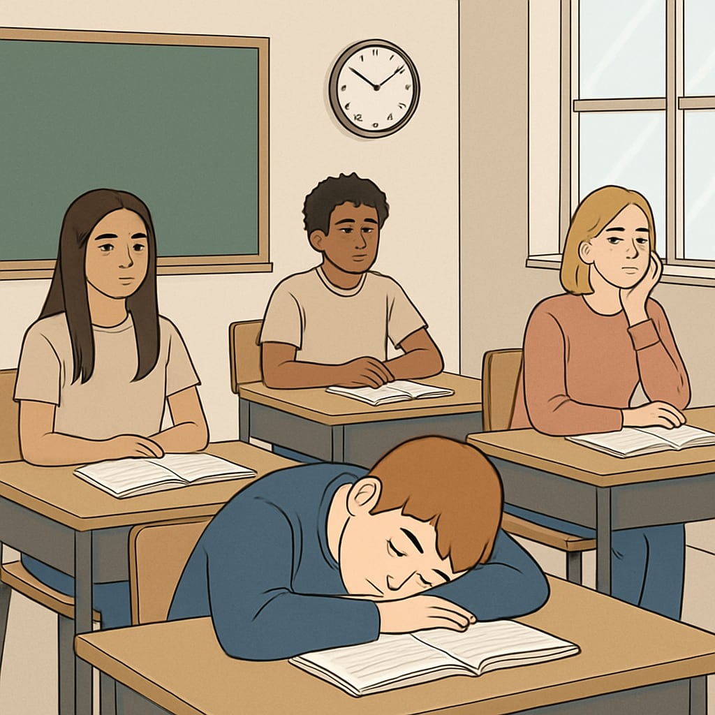 A group of students in a classroom, visibly disengaged, with one student resting their head on their desk. Students feeling bored in a classroom, illustrating the issue of student boredom and disengagement.