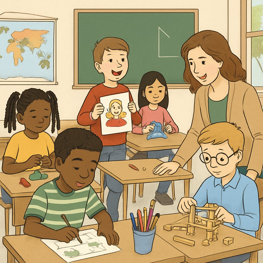 A classroom setting in which students are engaged in creative activities, representing diverse learning styles. Classroom with students engaged in creative activities, highlighting diverse learning styles.