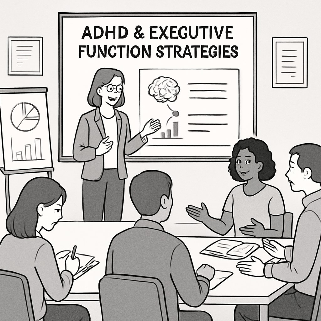 A virtual workshop where parents learn practical ADHD and executive function strategies, fostering community and collaboration. Parents attending a virtual ADHD and executive function strategies workshop.