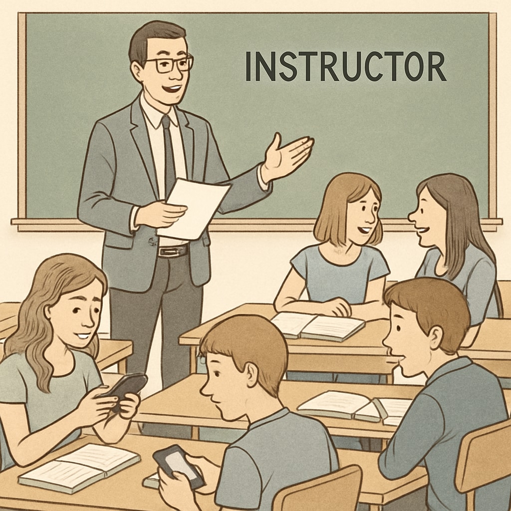 An instructor delivering a lecture to a classroom filled with students who appear distracted, some using their phones. A distracted classroom environment highlighting the causes of student boredom in education.