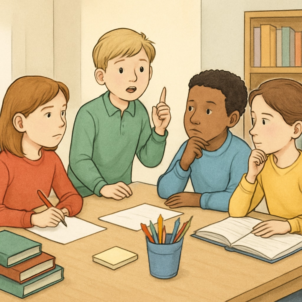 A child brainstorming in a group setting, illustrating collaboration and creative problem-solving. Child brainstorming in a collaborative setting, showcasing creative problem-solving.