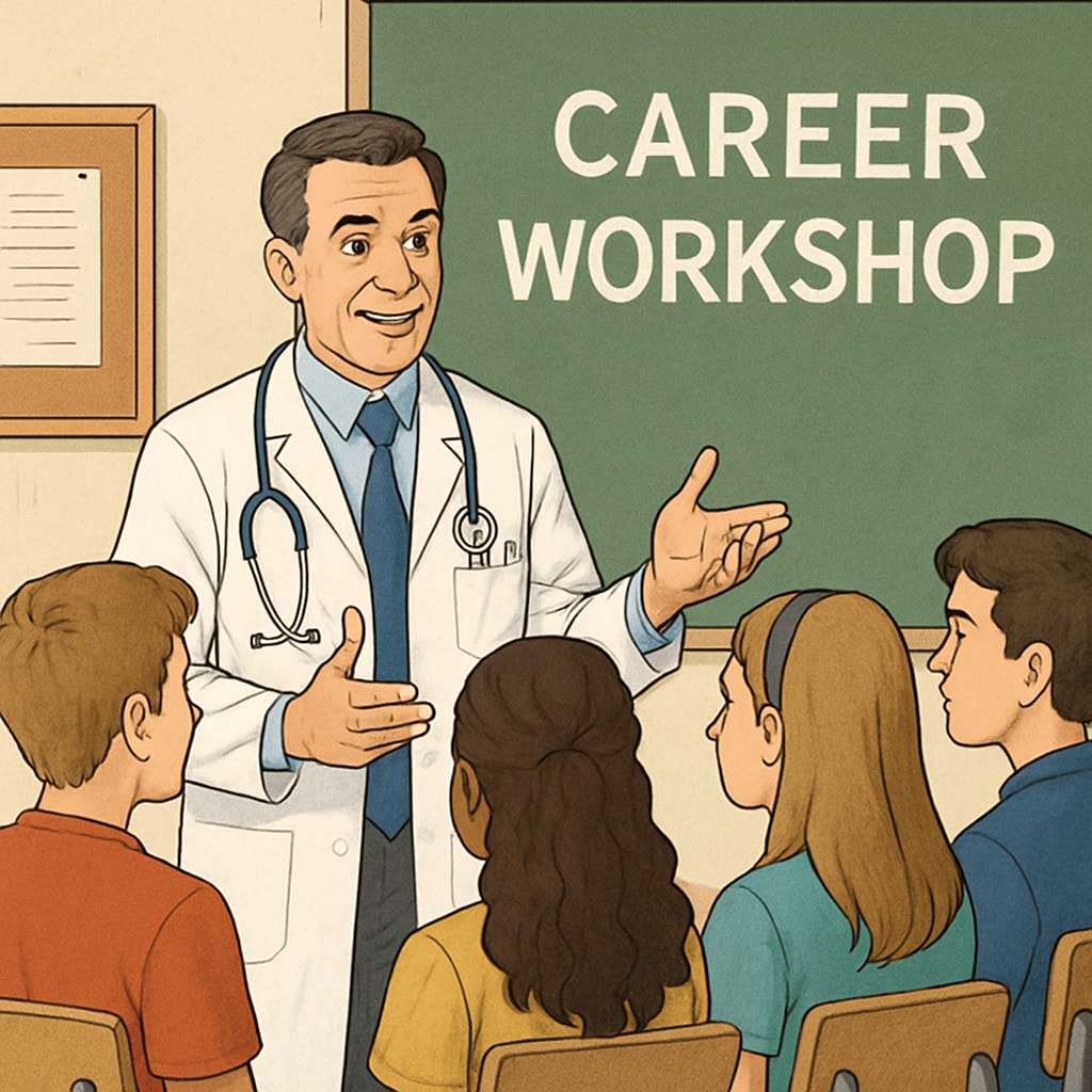 Doctor discussing medical education and career planning with students