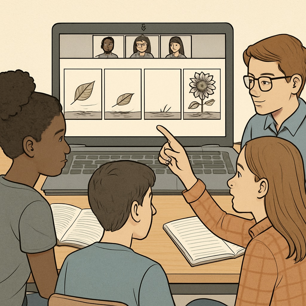 A group of students collaborating on a Zoom activity, analyzing sequential images together. Students working on Zoom teaching activity, discussing image sequences.