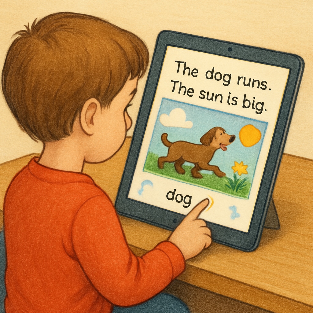 A child using a tablet to enjoy an interactive reading app, with colorful illustrations and text visible on the screen. A child exploring an Android reading app designed to enhance literacy.