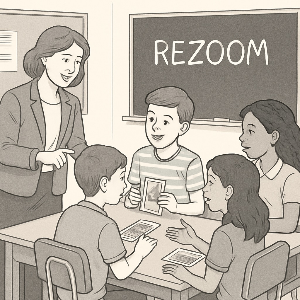 A teacher guiding students during a ReZoom activity, fostering collaboration and discussion. Teacher assisting students in ReZoom activity to build logical sequences.