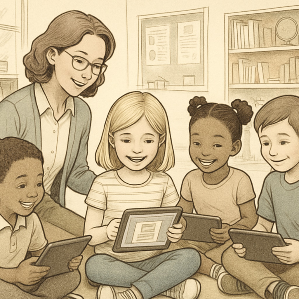 A teacher and a group of children using tablets in a classroom setting to explore an educational reading app. A classroom of children testing an Android app for improving reading skills.