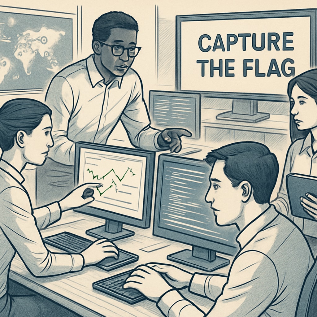 A group of cybersecurity professionals participating in a Capture the Flag competition, showcasing teamwork and problem-solving. Team participating in a Capture the Flag cybersecurity competition.
