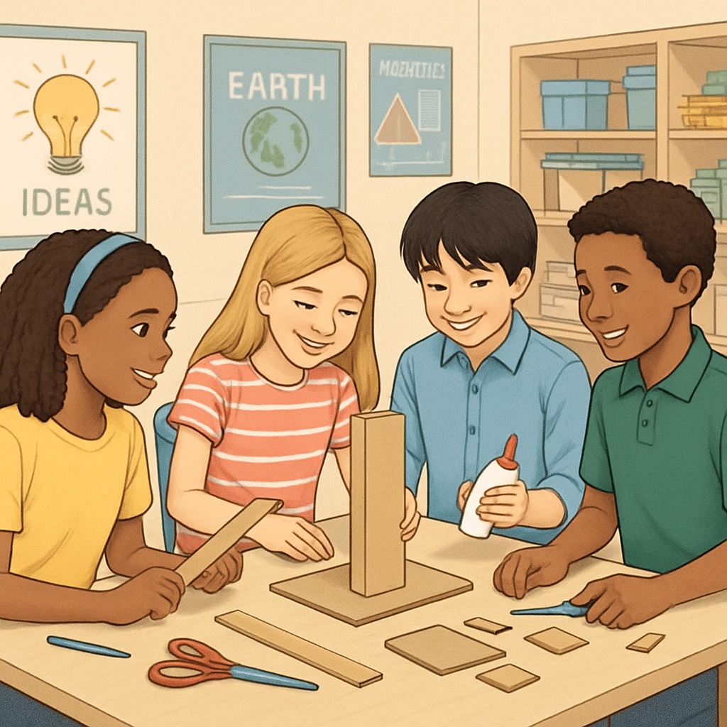 A group of K-12 students working collaboratively on a design engineering project using basic tools and materials, emphasizing creativity and teamwork. K-12 students engaged in a design engineering project, promoting teamwork and problem-solving.