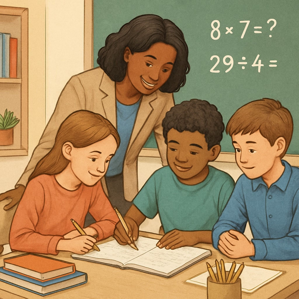 A teacher encouraging students as they work through math problems collaboratively. Overcoming math anxiety through guided practice with a teacher.