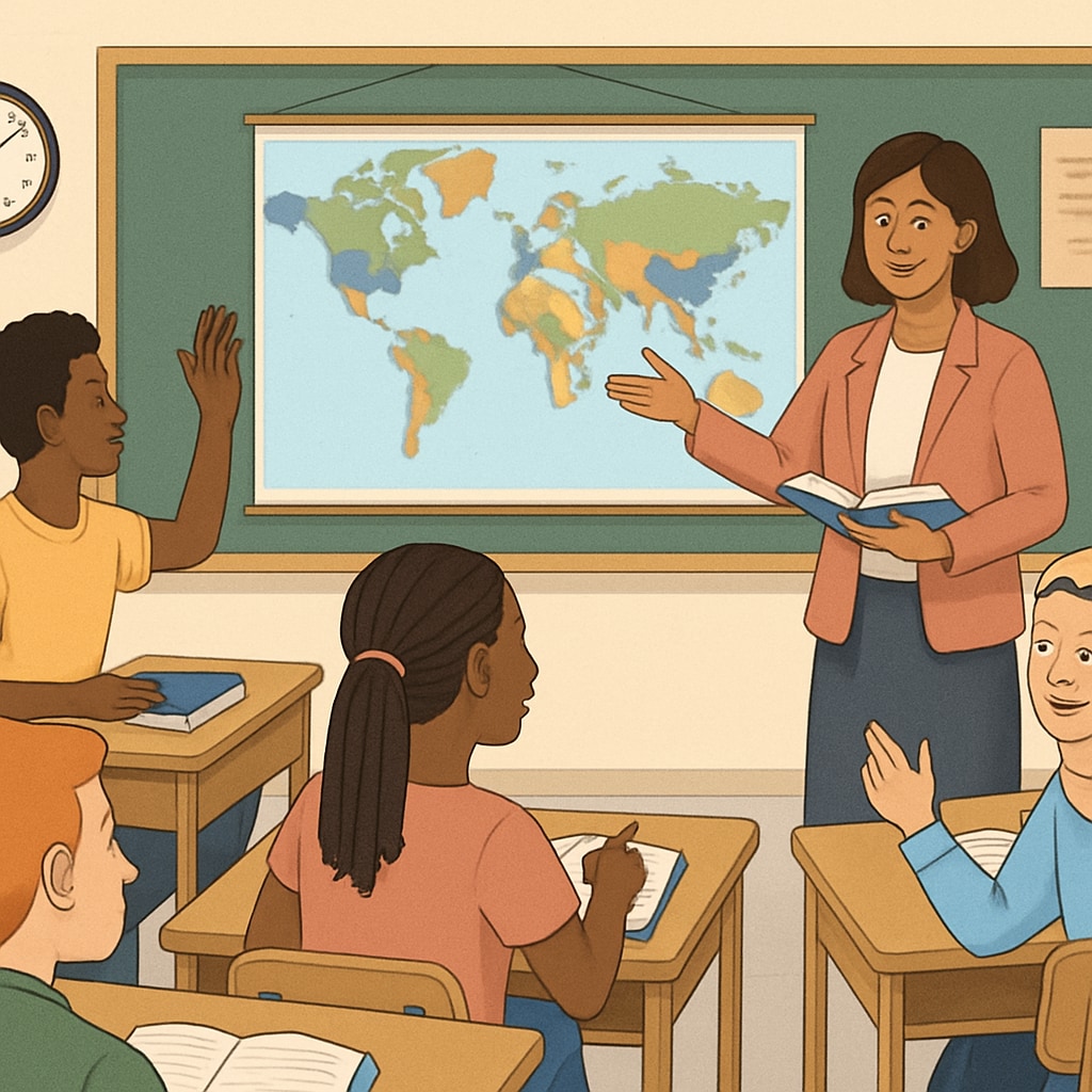 A classroom setting with diverse students and a teacher engaging in collaborative learning in the U.S., symbolizing global education opportunities. Diverse classroom with U.S. educator engaging students, representing global education perspectives.