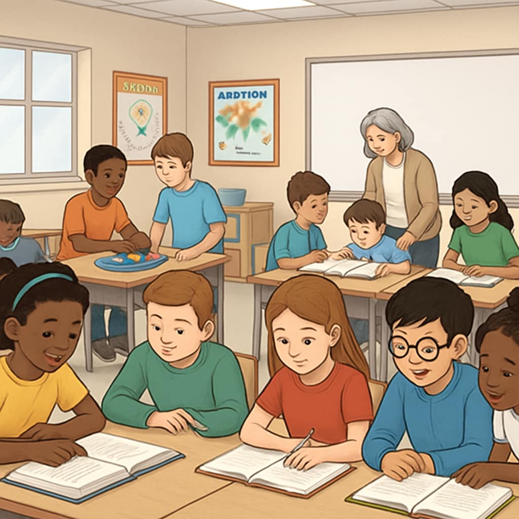 A classroom environment showing diverse students engaged in collaborative learning. Students in a classroom engaged in collaborative learning activities.