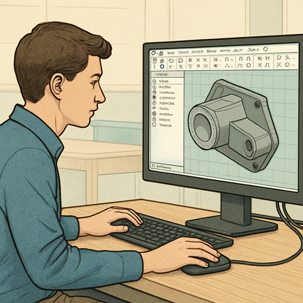 A college student using advanced CAD software to design a prototype, representing the intersection of technology and design engineering. College student using CAD software for design engineering, showcasing technical expertise.