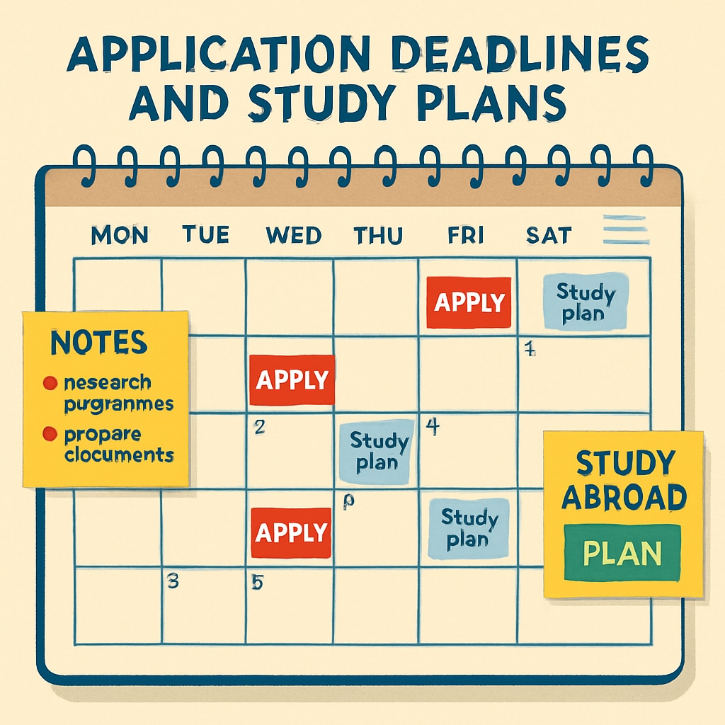 A calendar marked with application deadlines and study plans, representing strategic preparation for studying abroad. Calendar with application deadlines and study plans for U.S. master’s programs.