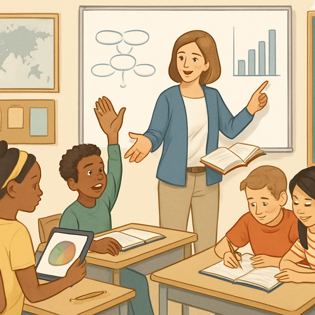 A teacher conducting an interactive session with students, encouraging diverse ways of learning. A teacher encouraging students to explore diverse learning methods during an interactive lesson.