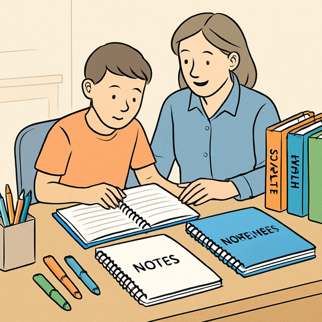 A parent helping a child with ADHD organize their study materials, promoting executive function skills. Parent assisting a child with ADHD in organizing study materials to build executive function.