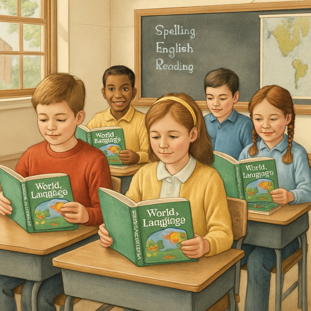 Students in a classroom using World of Language textbooks.