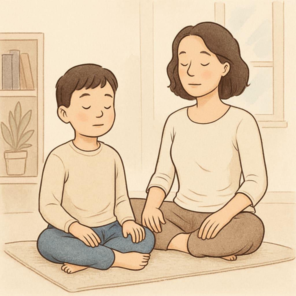 A child practicing mindfulness with a parent, using deep-breathing exercises to regulate emotions. Parent guiding a child in mindfulness exercises to improve emotional regulation and executive function.